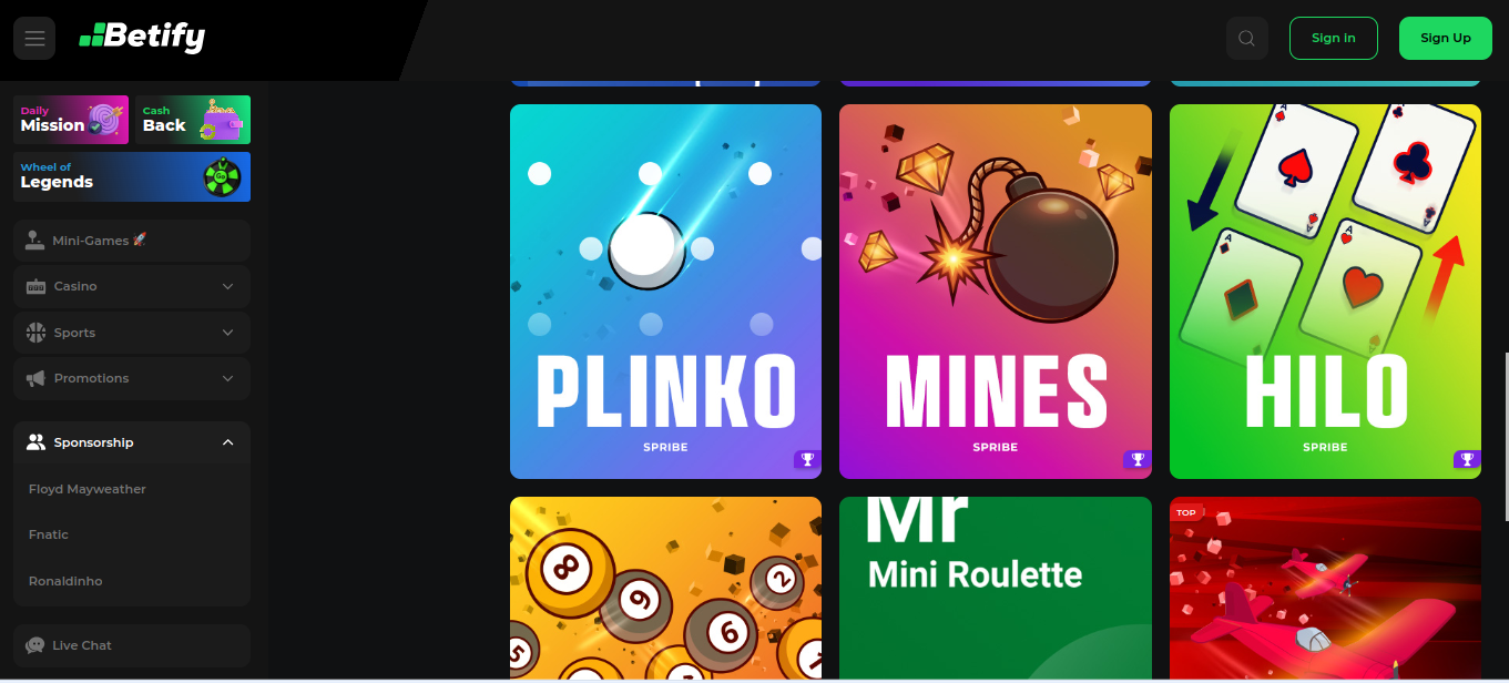 Mini-games van Betify: casino spel Plinko, Mines en Hilo met gratis demo en bonus voor echt geld