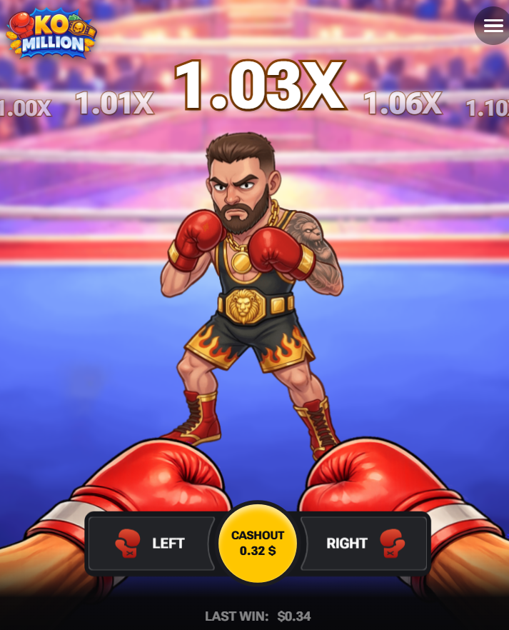 KO Million gokken registratie promotiecode demo, staande mobiele weergave met knoppen Left, Right en Cashout