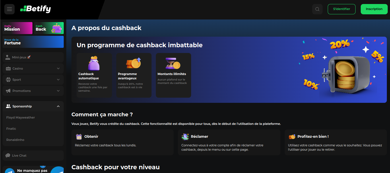Cashback pagina van Betify met bonus, promotiecode en gokken met echt geld uitgelegd
