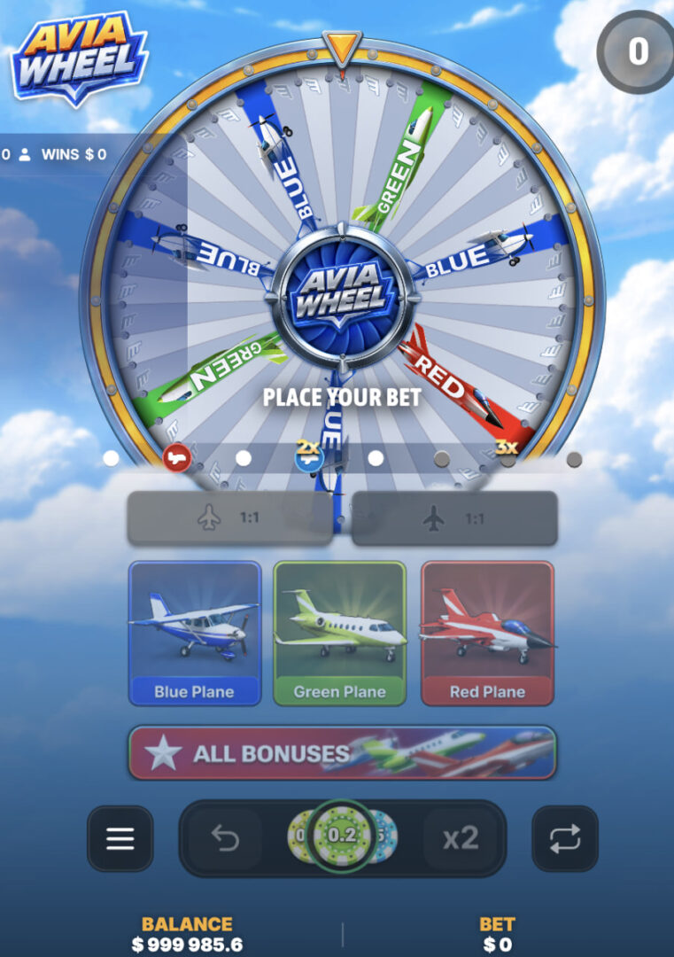 Avia Wheel app demo oplichting registratie: Place your bet, fiche van 0,2 en knop x2