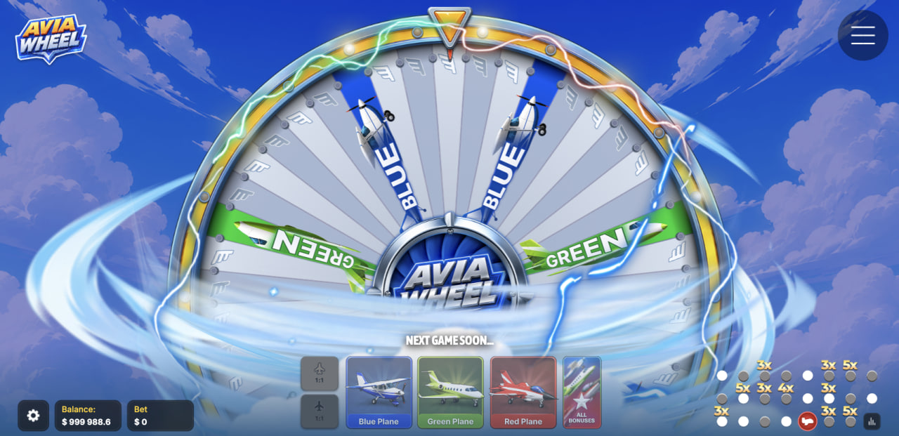 Avia Wheel gokken echt geld bonus review: draaiend rad naast Blue, Green en Red Plane