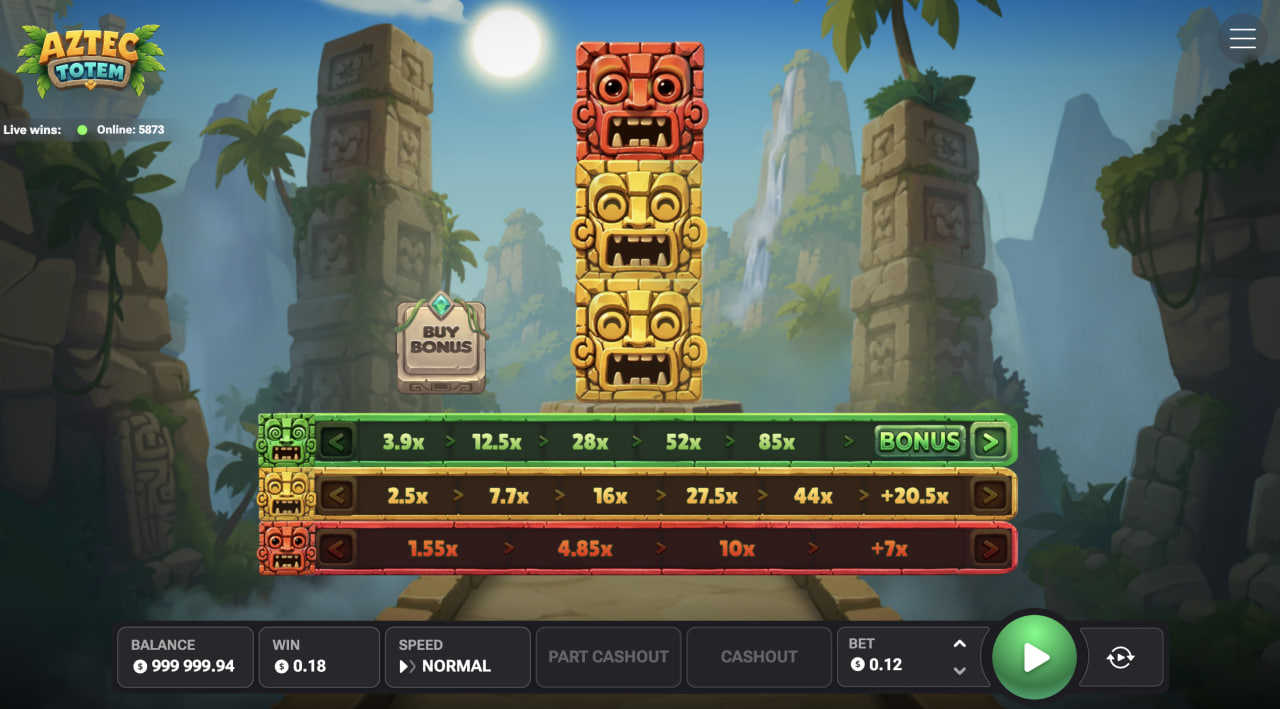 Aztec Totem review demo gratis casino, desktopscherm met totem en drie multiplierpaden